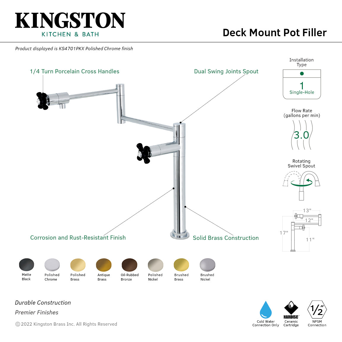 Kingston Tulare KS4707PKX - Duchess Two-Handle 1-Hole Deck Mount Pot Filler Faucet, Brushed Brass — thumbnail 2